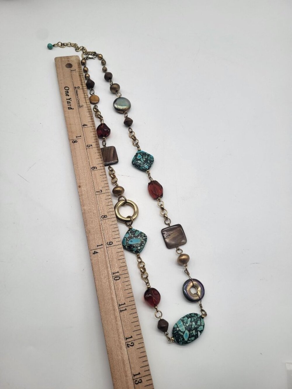 Premier Designs Jewelry Canyon Retired Turquoise Shells Glass Gold Tone Necklace - Picture 4 of 8